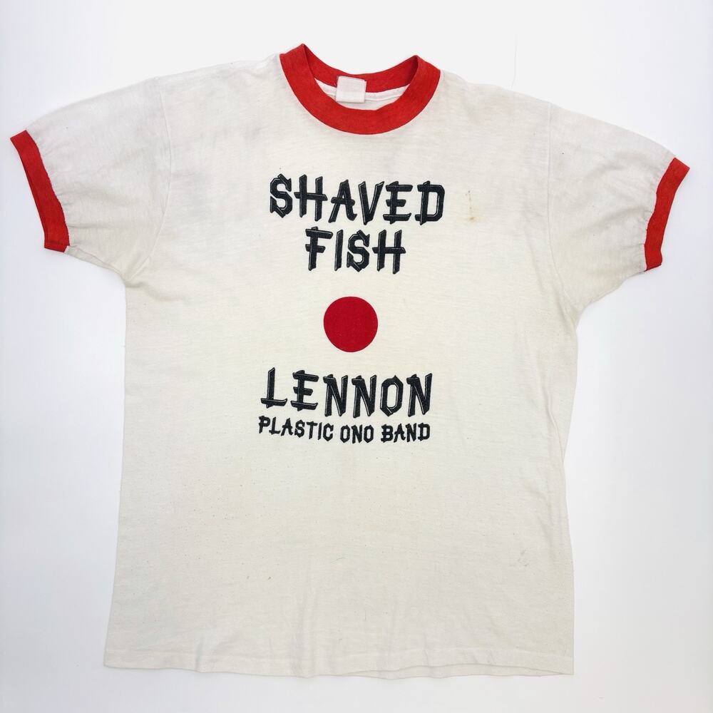 Vintage 1970s John Lennon Plastic Ono Band Shaved Fish Promo T-Shirt Ringer XL M